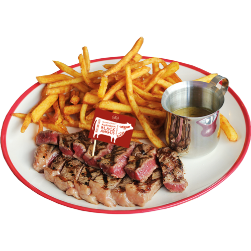 Black Angus ribeye steak cooked to your liking, served with crispy homemade French fries and a rich, flavorful Café de Paris sauce.